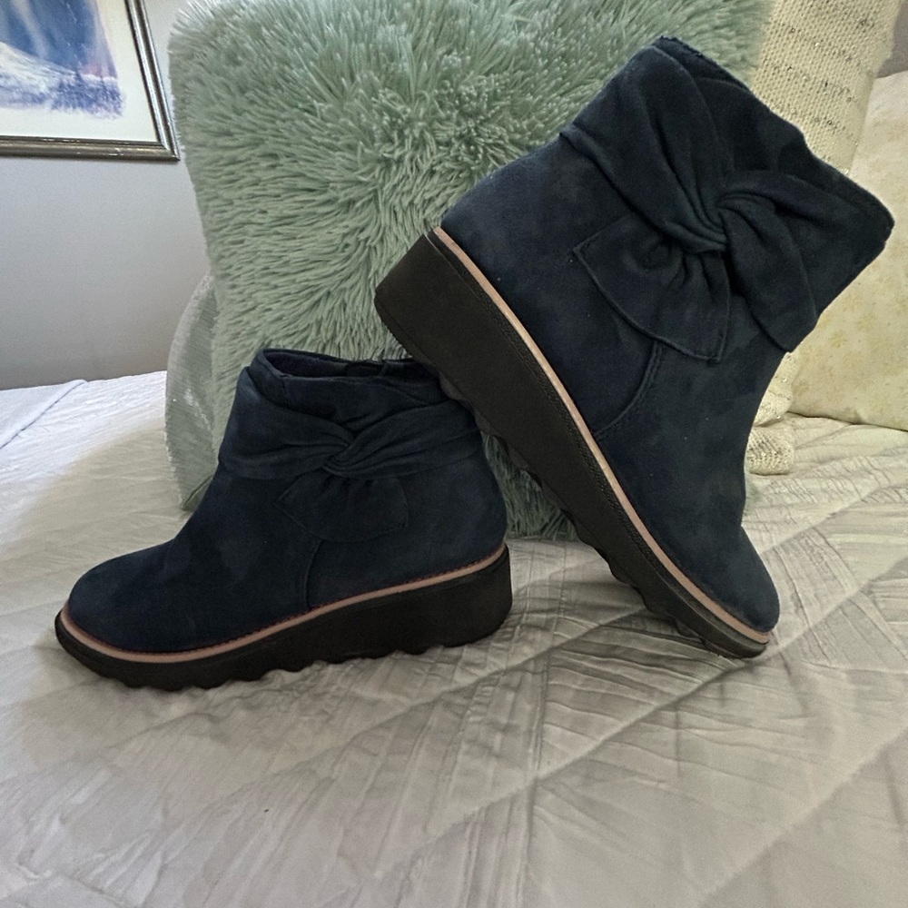 Clarks Blue Ankle Booties with Bow Detail